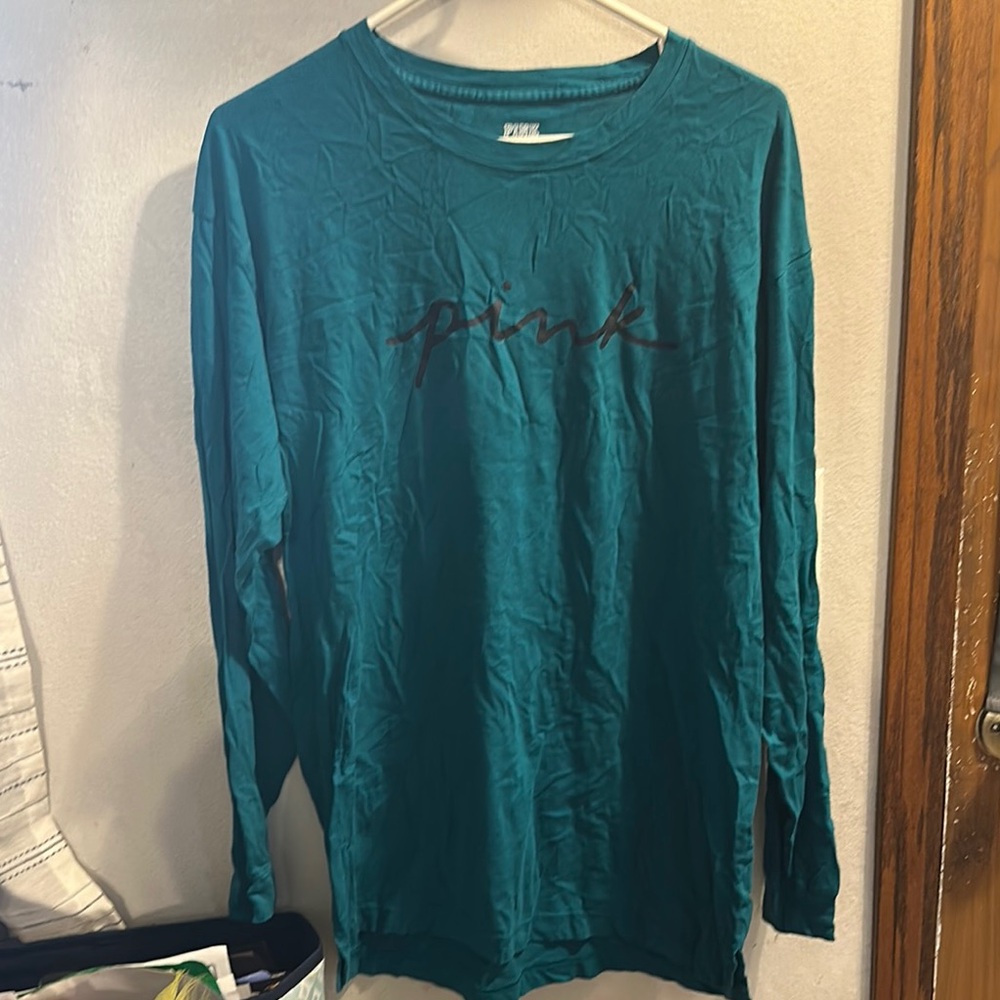 Teal Long Sleeve Shirt with Pink Logo